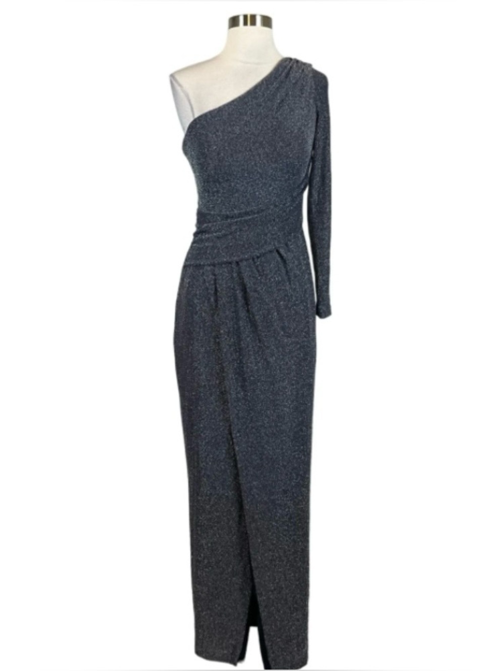 One-Shoulder Metallic Navy Evening Dress